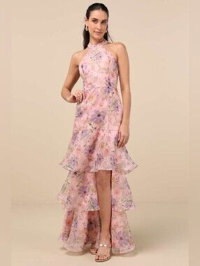 Lulus Forever Exceptional Light Pink Floral Halter Organza Maxi Dress S 0-2 NEW